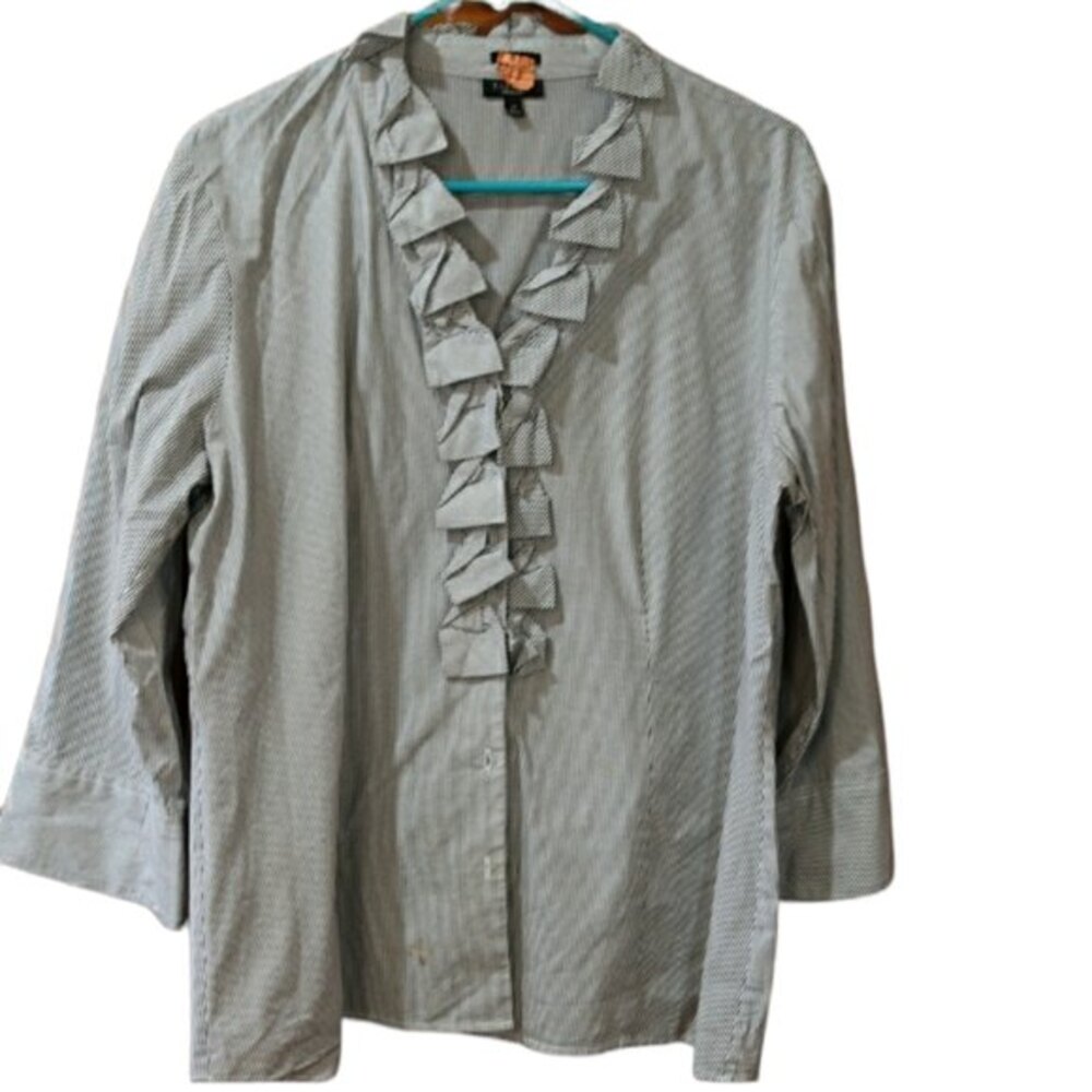 Talbots Blue Pinstripe Ruffle Button Down Blouse 14 Classic Career Top